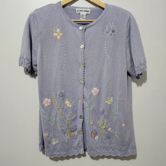 Alfred Dunner - Sweater Cardigan Button Embroidered Floral - Size S - Purple - Picture 2 of 9